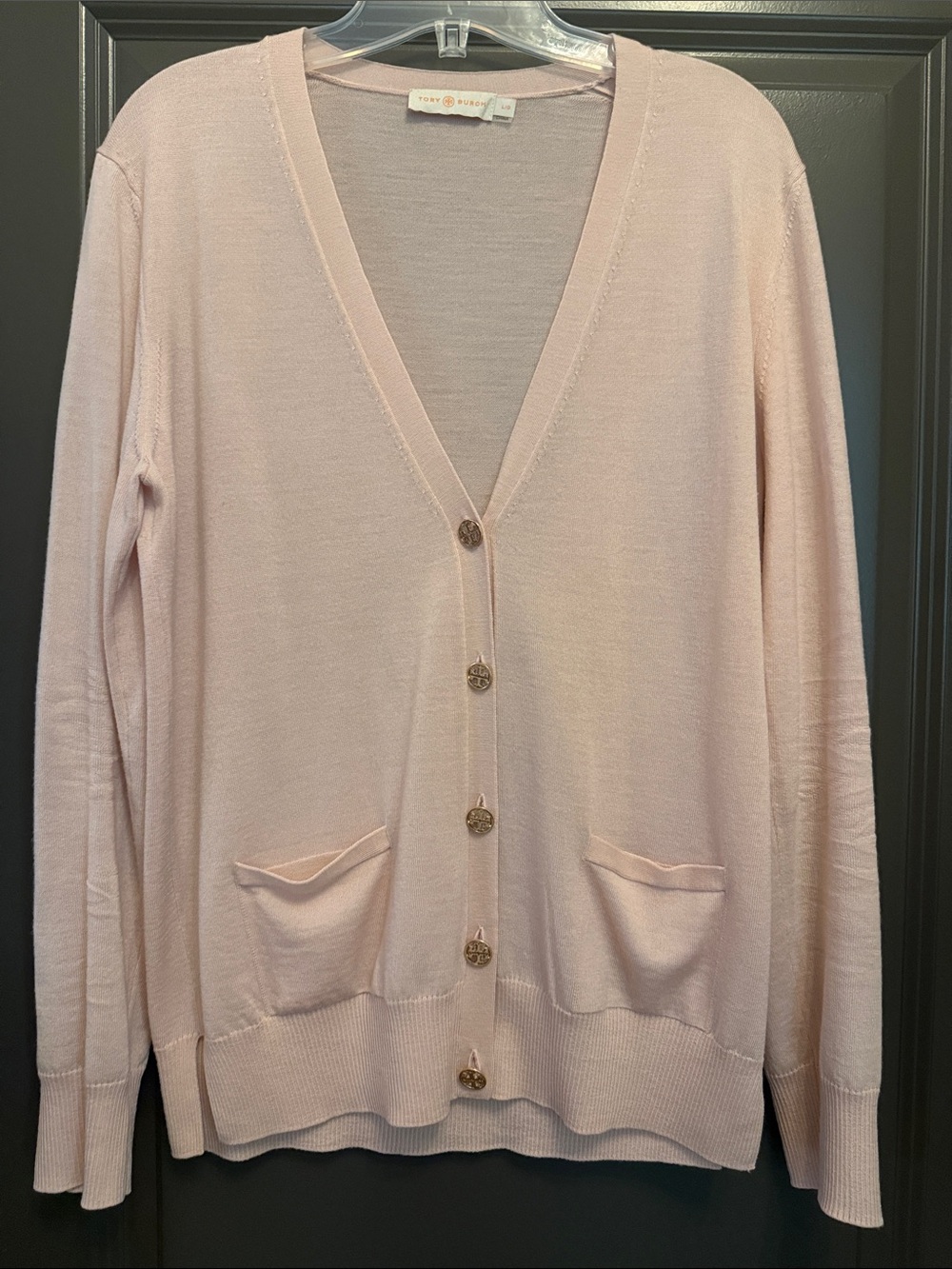 Tory Burch Soft Blush Pink V-Neck Button Front Cardigan Wool with Gold Buttons